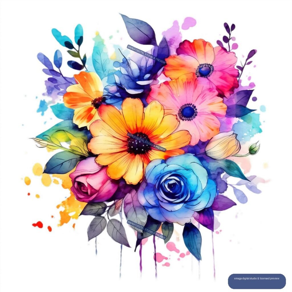 Colorful watercolor bouquet with orange, pink, blue, purple, and magenta flowers, foliage, buds, and paint splashes.