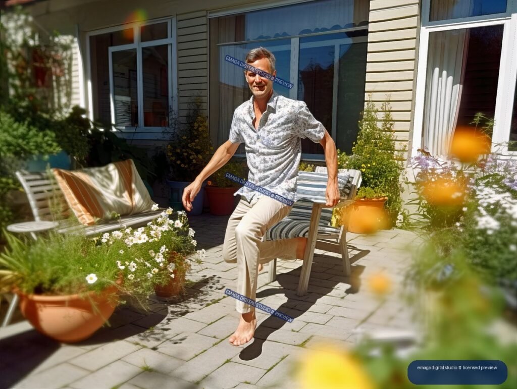 Barefoot man stepping across a sunny patio surrounded by potted flowers and plants.