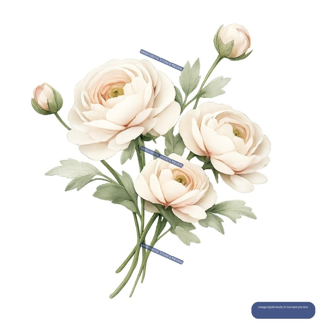 Watercolor-style sprig with three white and blush ranunculus flowers, buds, green leaves, and slender stems.