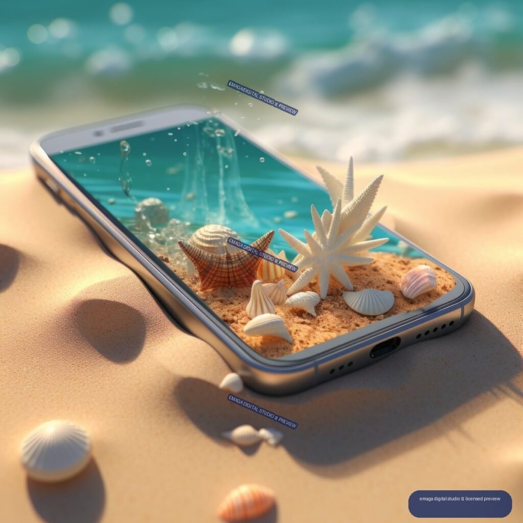 3D-rendered mobile phone on beach sand, displaying water and surrounded by seashells and coral-like forms.
