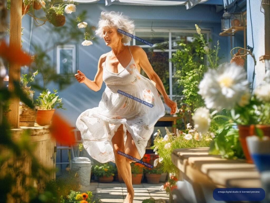 Mature woman in a flowing white floral dress moving through a bright, flower-filled garden patio.