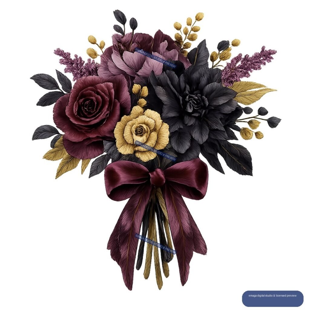 Burgundy, black, and gold floral bouquet with dark foliage, purple sprigs, and a large burgundy ribbon bow.