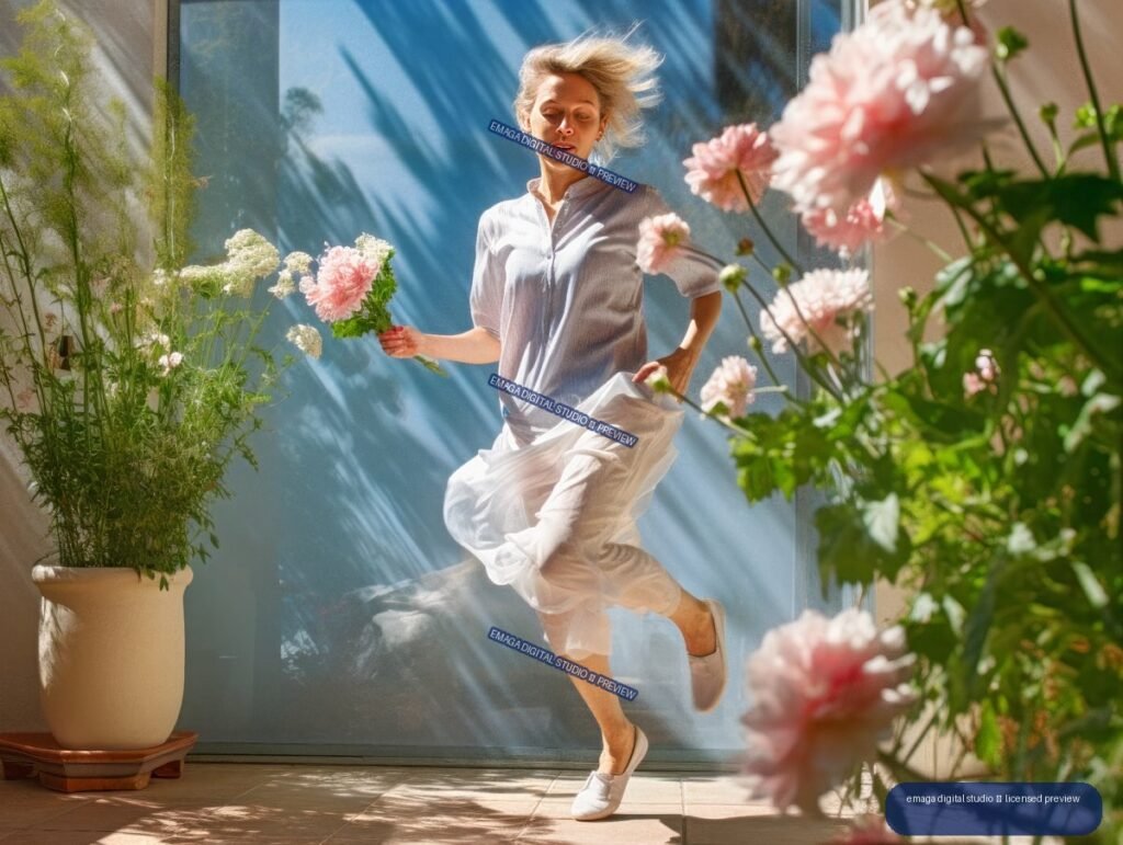 Woman in a white blouse and flowing skirt running among pink and white flowers in bright sunlight.