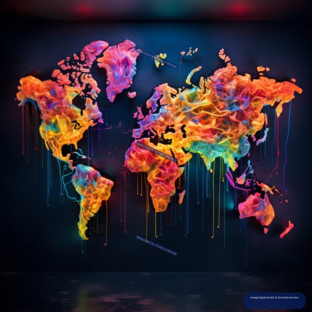 Colorful neon graffiti-style world map with glowing multicolored continents and dripping paint on a dark background.