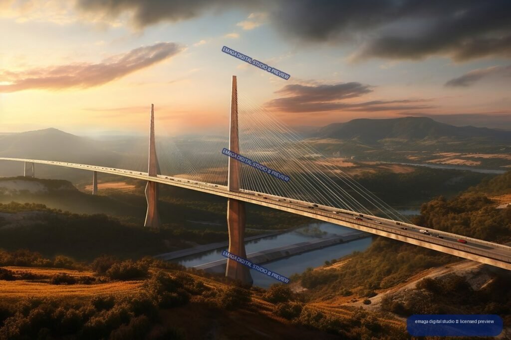 A cable-stayed bridge with two tall pylons crosses a mountain valley beneath a glowing, cloud-filled sunset sky.