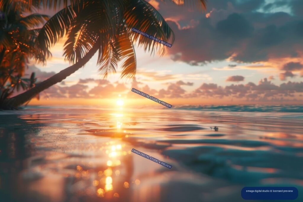 Sun low over a rippled tropical ocean, framed by silhouetted palm trees beneath colorful clouds.