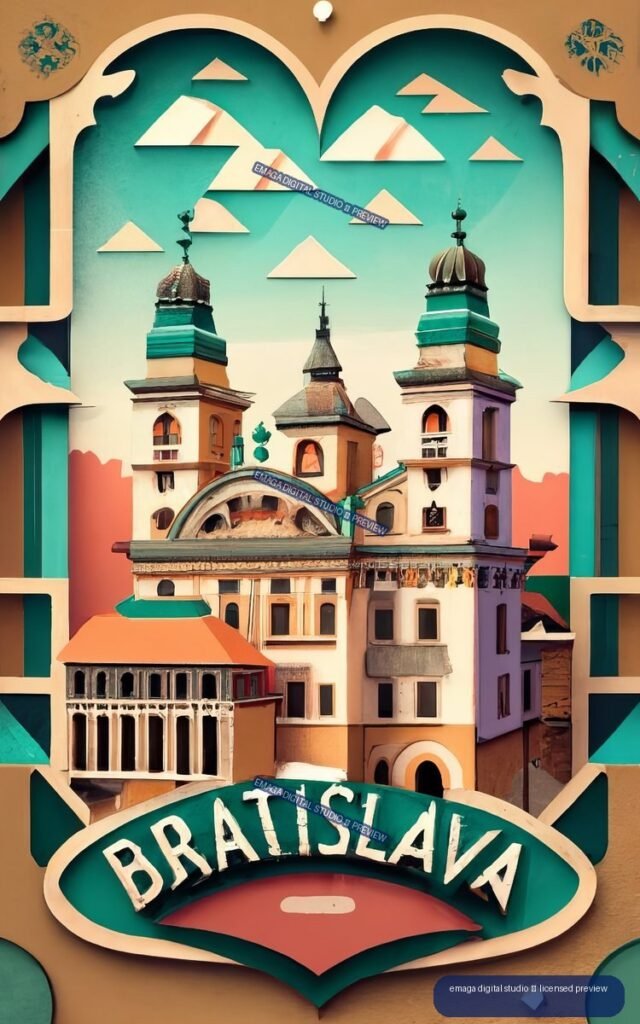 Stylized poster of Bratislava with historic buildings, towers, geometric shapes, and the word Bratislava at the bottom.