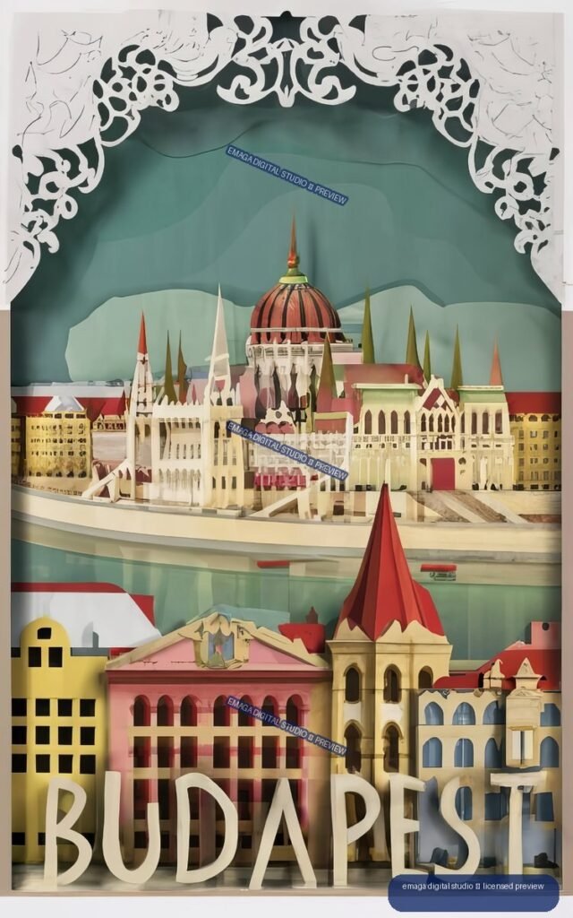 Layered paper collage of Budapest architecture with a domed building, church towers, ornate white cutwork, and large BUDAPEST lettering.