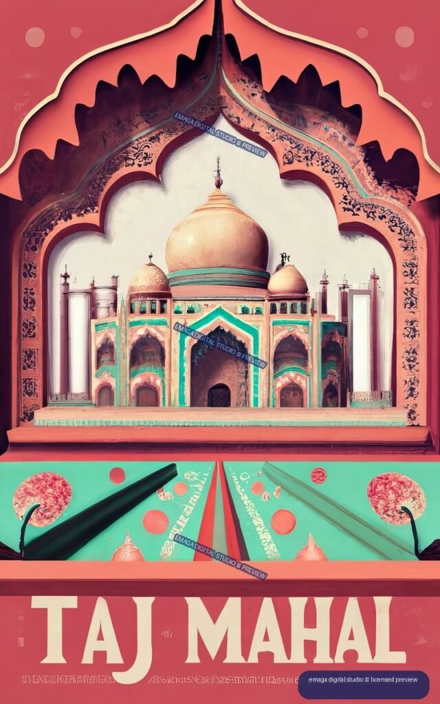 Vintage-style poster of the Taj Mahal beneath an ornate arch, with coral, turquoise, cream, and purple colors and large “TAJ MAHAL” lettering.