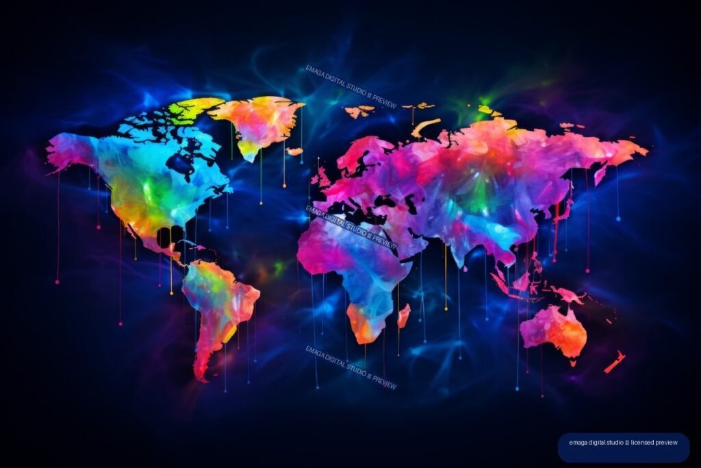 Colorful neon graffiti-style world map with glowing multicolored continents on a dark navy background.