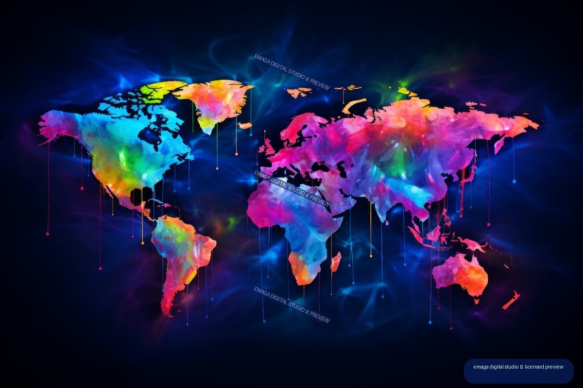 Colorful neon graffiti-style world map with glowing multicolored continents on a dark navy background.
