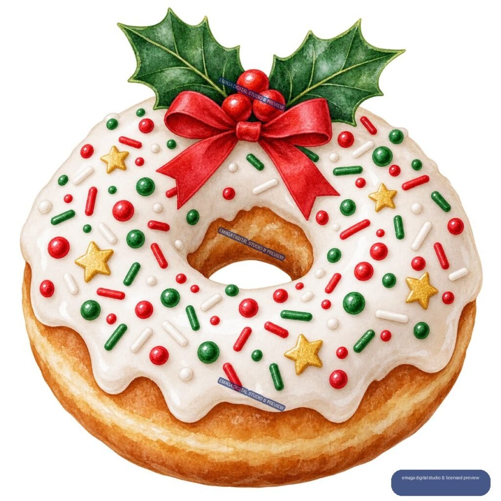 Watercolor illustration of an iced ring cake covered with festive sprinkles, topped by a red bow, holly leaves, and red berries.