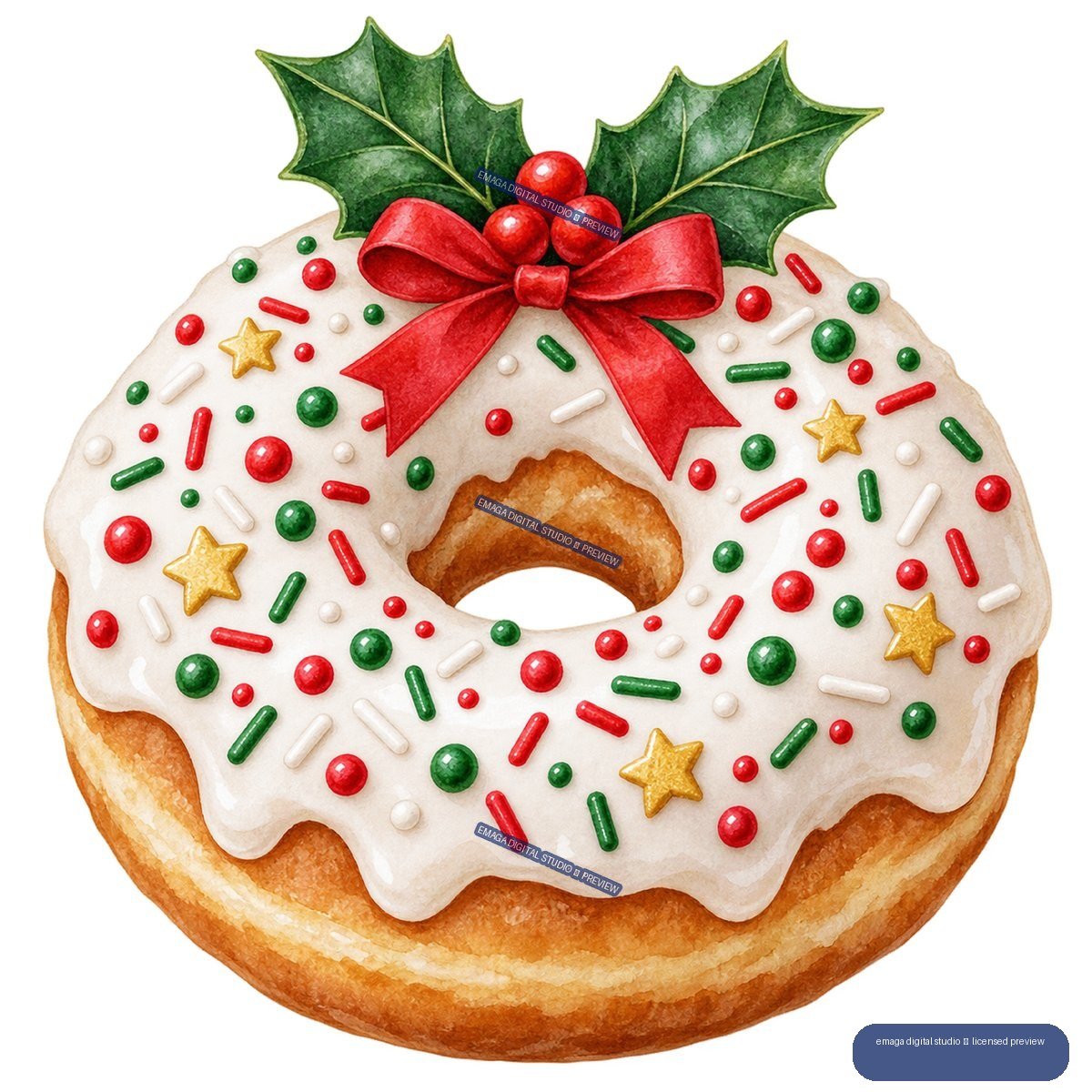 Watercolor illustration of an iced ring cake covered with festive sprinkles, topped by a red bow, holly leaves, and red berries.