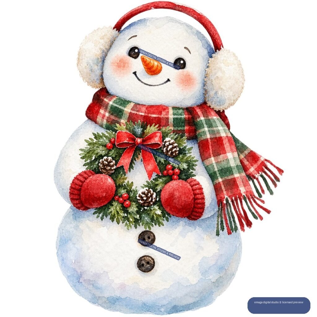 Watercolor snowman wearing earmuffs and a plaid scarf, holding a decorated Christmas wreath.