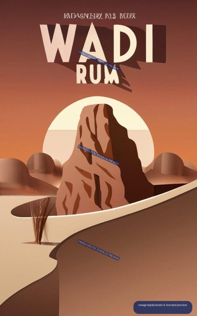 Stylized travel poster for Wadi Rum showing a central sandstone rock formation, desert hills, grasses, a pale circular sun, and large WADI RUM lettering.