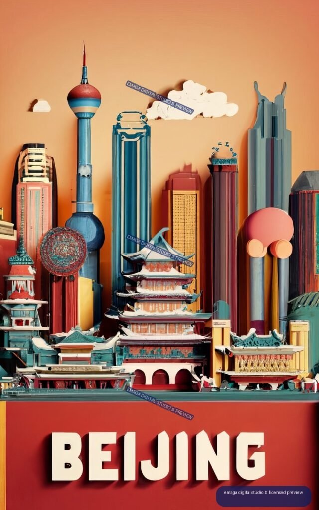 Stylized colorful Beijing skyline with modern skyscrapers, traditional Chinese buildings, and large white BEIJING lettering on a red panel.