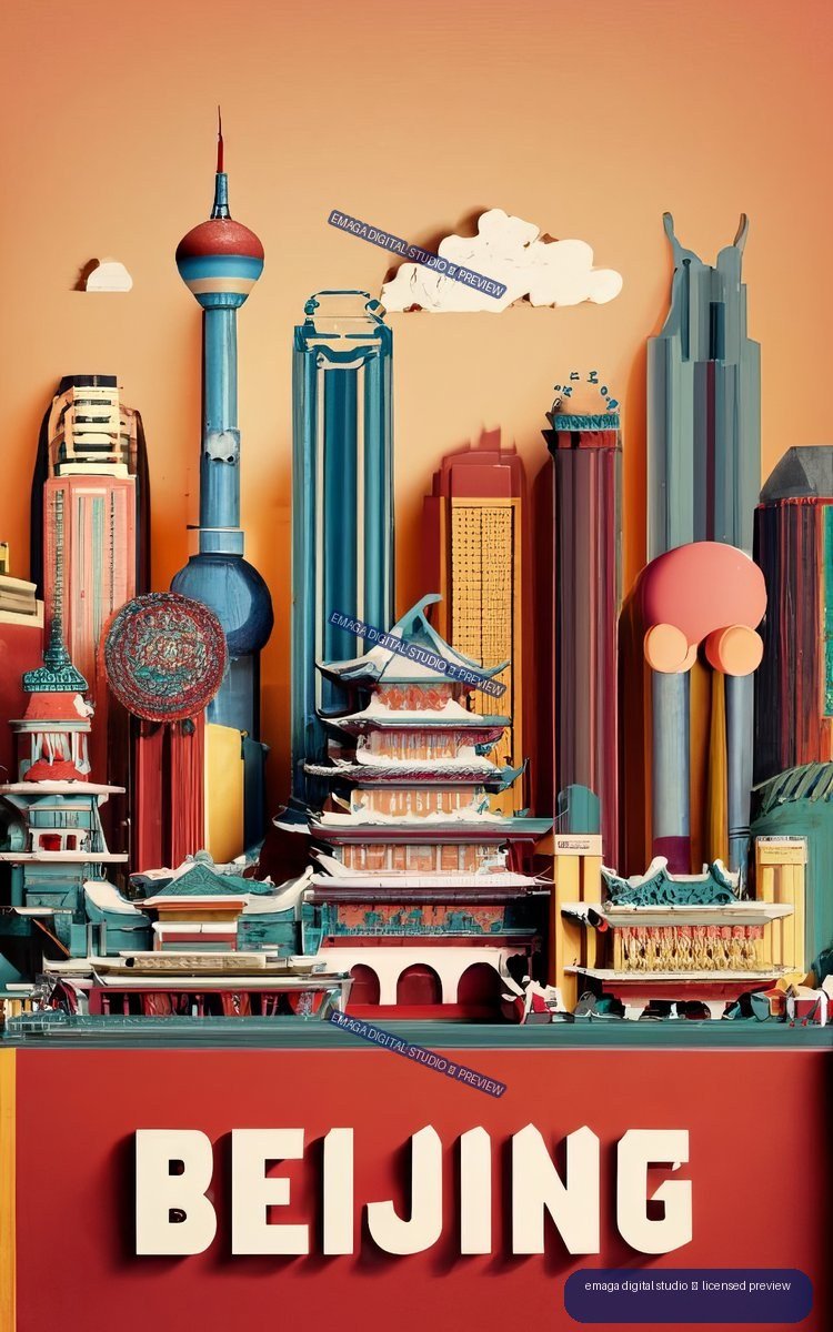 Stylized colorful Beijing skyline with modern skyscrapers, traditional Chinese buildings, and large white BEIJING lettering on a red panel.