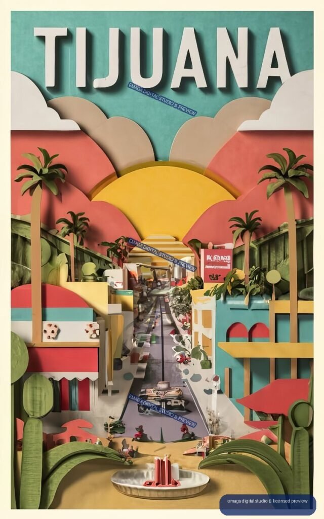 Stylized colorful Tijuana travel poster with large TIJUANA lettering, palms, arches, clouds, and a central urban street scene.