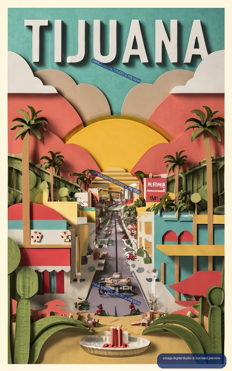 Stylized colorful Tijuana travel poster with large TIJUANA lettering, palms, arches, clouds, and a central urban street scene.