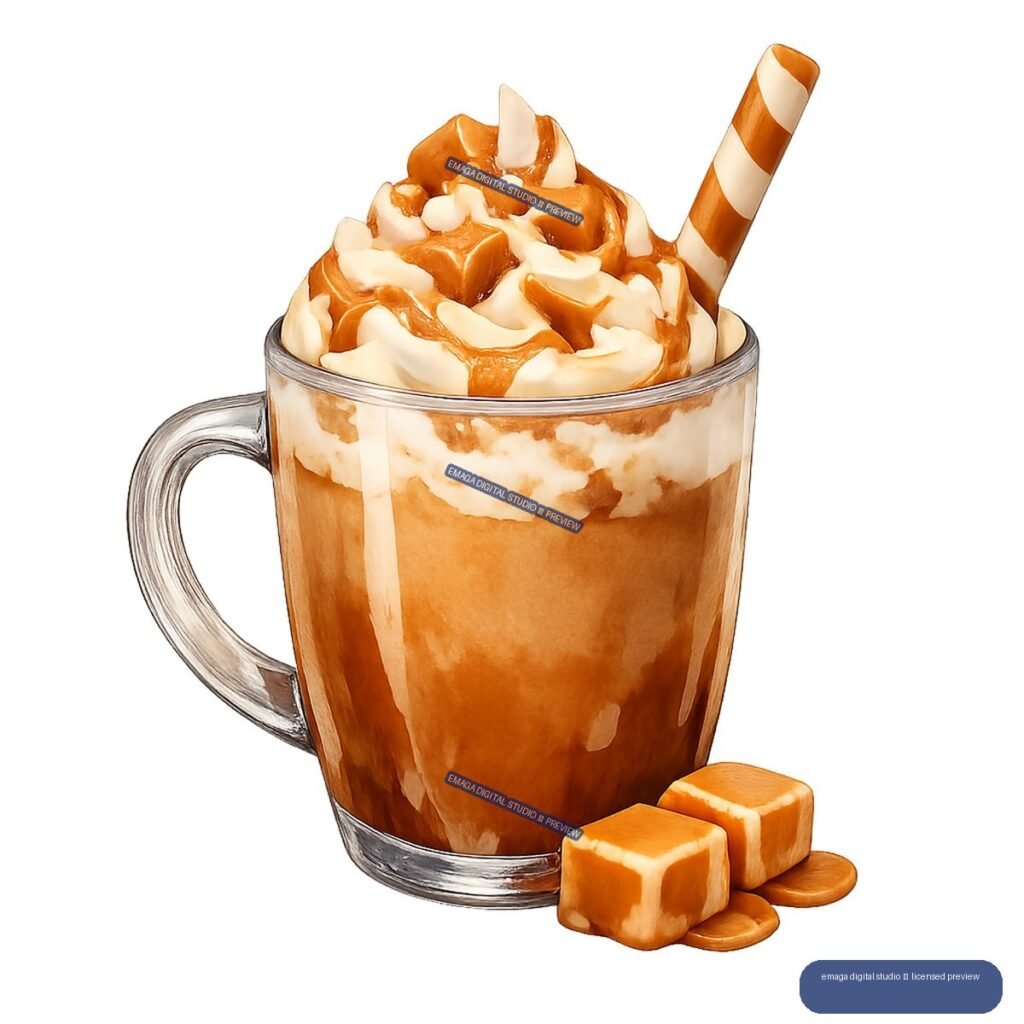 Caramel-colored whipped cream drink in a clear glass mug with a striped straw, caramel cubes, and candies beside it.