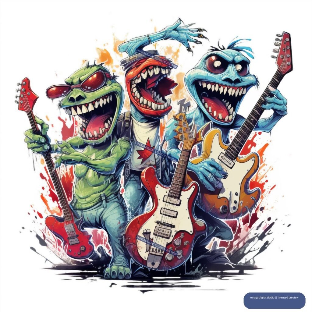 Three colorful cartoon monsters with wide grins play electric guitars amid energetic paint splashes.