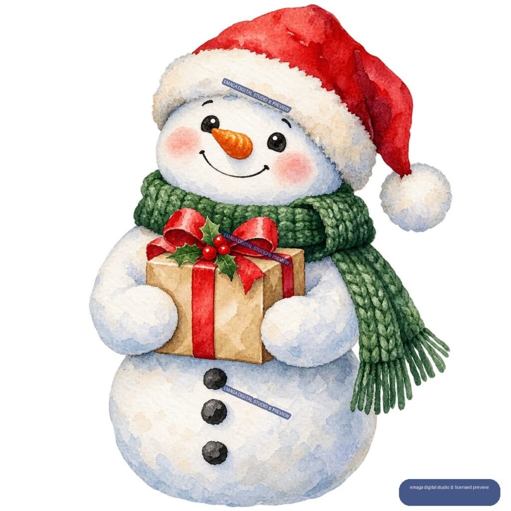 Watercolor snowman in a Santa hat and green scarf holding a holly-decorated wrapped gift