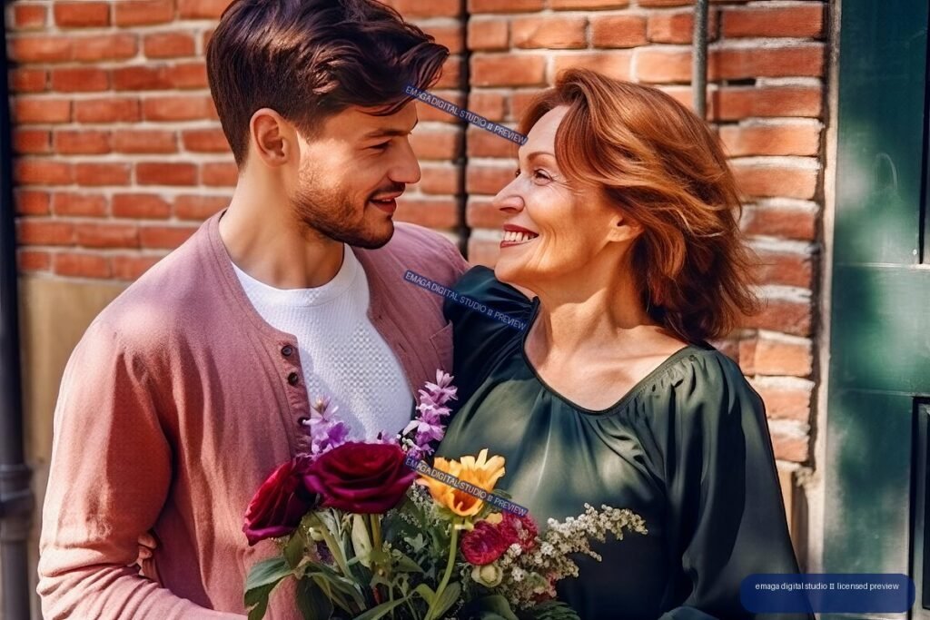 Adult man presenting a colorful bouquet to a smiling older woman outside a brick building.