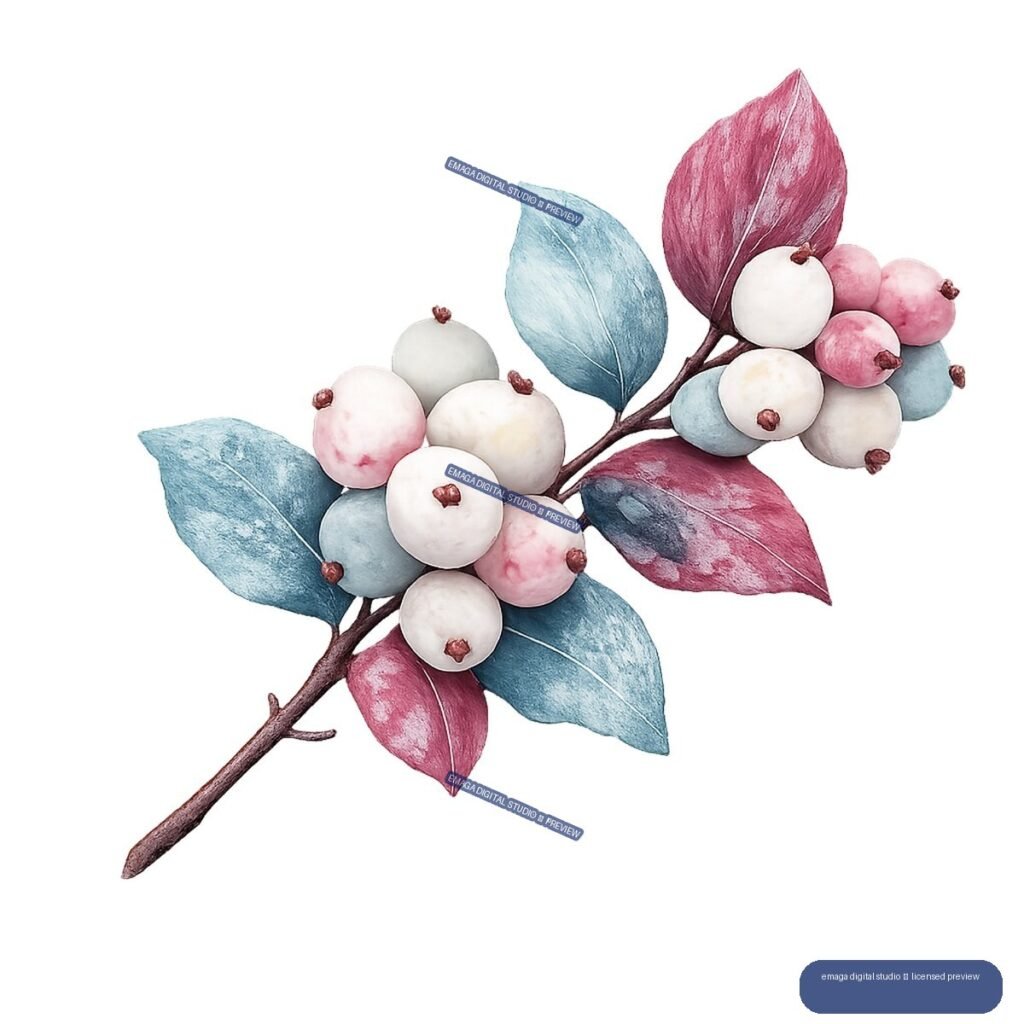 Watercolor-style branch with white, pink, and blue berries surrounded by blue-green and burgundy leaves.