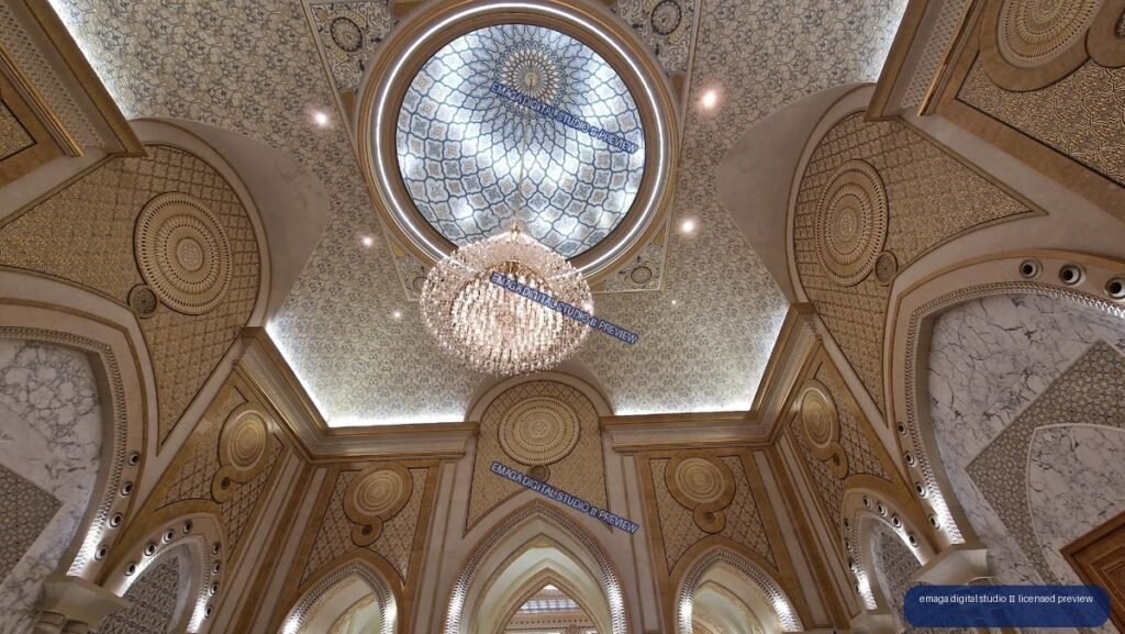 Ornate domed interior with crystal chandelier and geometric decoration — Qasr Al Watan, Abu Dhabi