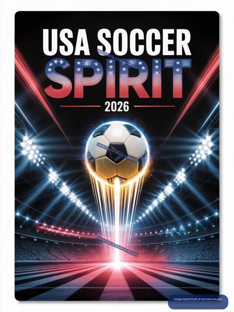 Vertical poster reading “USA SOCCER SPIRIT 2026,” with a glowing soccer ball rising in a brightly lit stadium beneath red and blue light trails.