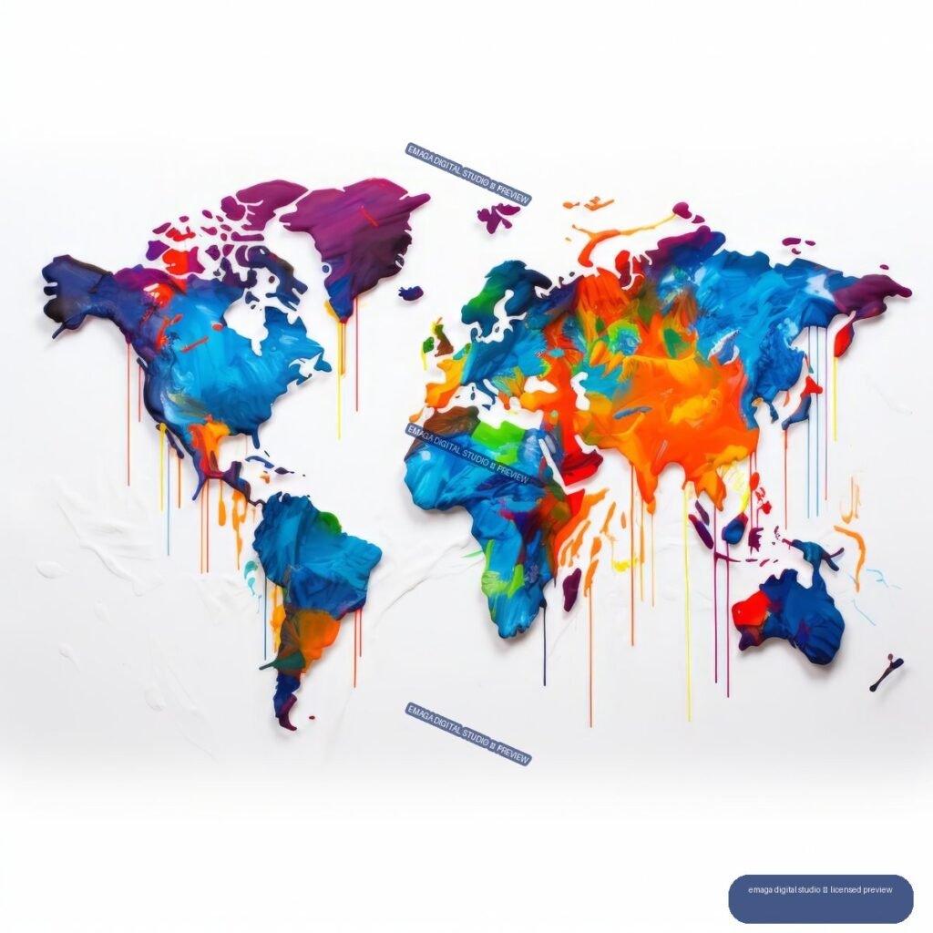 Colorful stylized world map with neon blue, orange, red, green, and purple paint textures and dripping graffiti-like strokes.
