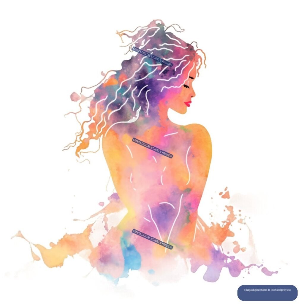 Colorful watercolor-style profile portrait of a nude woman with flowing hair and paint splashes around her silhouette.