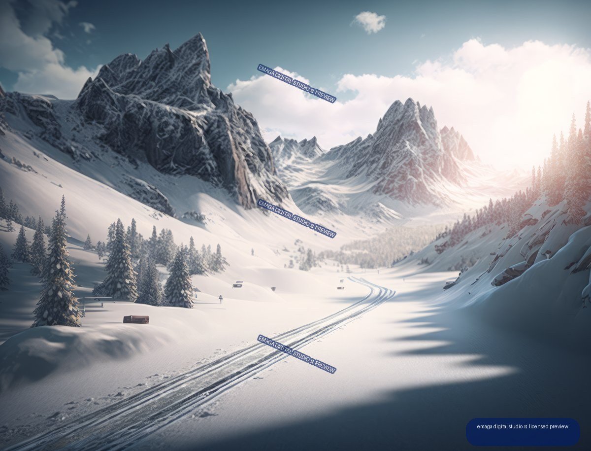 Snow-covered mountain valley with curving ski tracks, evergreen trees, jagged peaks, clouds, and bright sunlight.