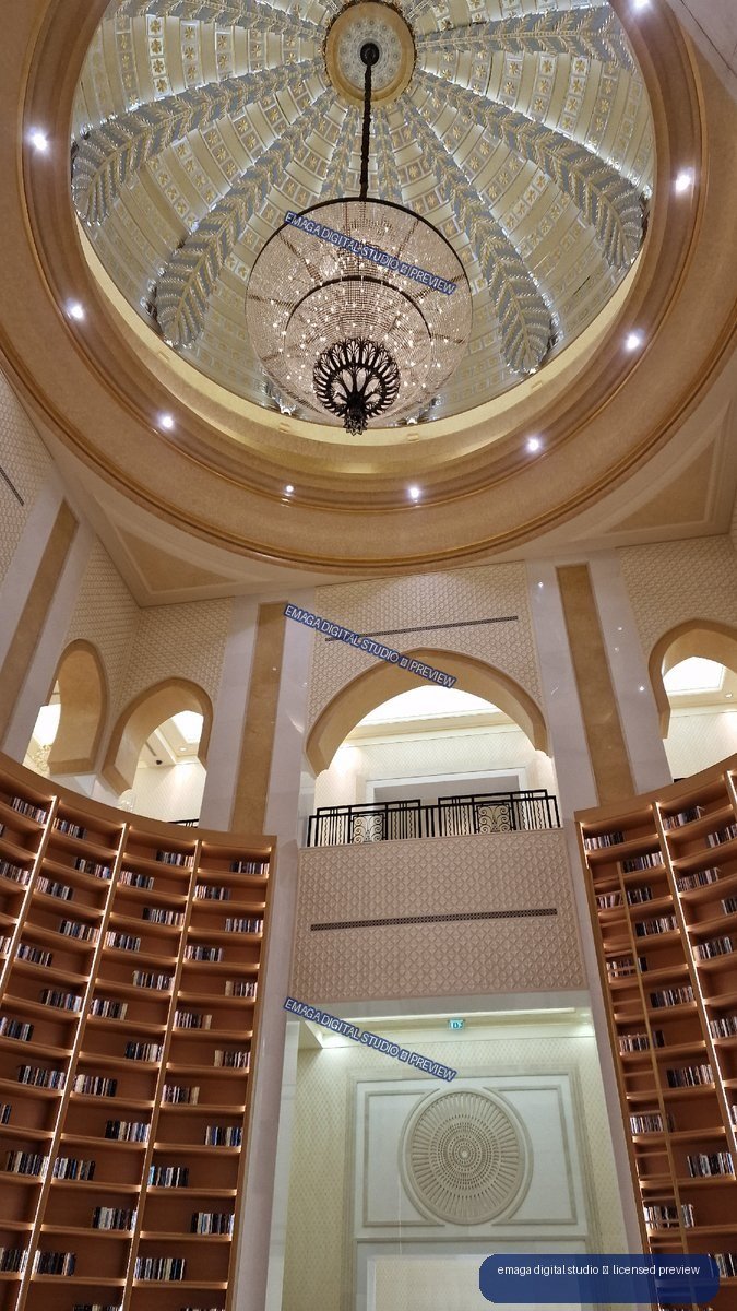 Ornate domed library interior with crystal chandelier and bookshelves — Qasr Al Watan, Abu Dhabi