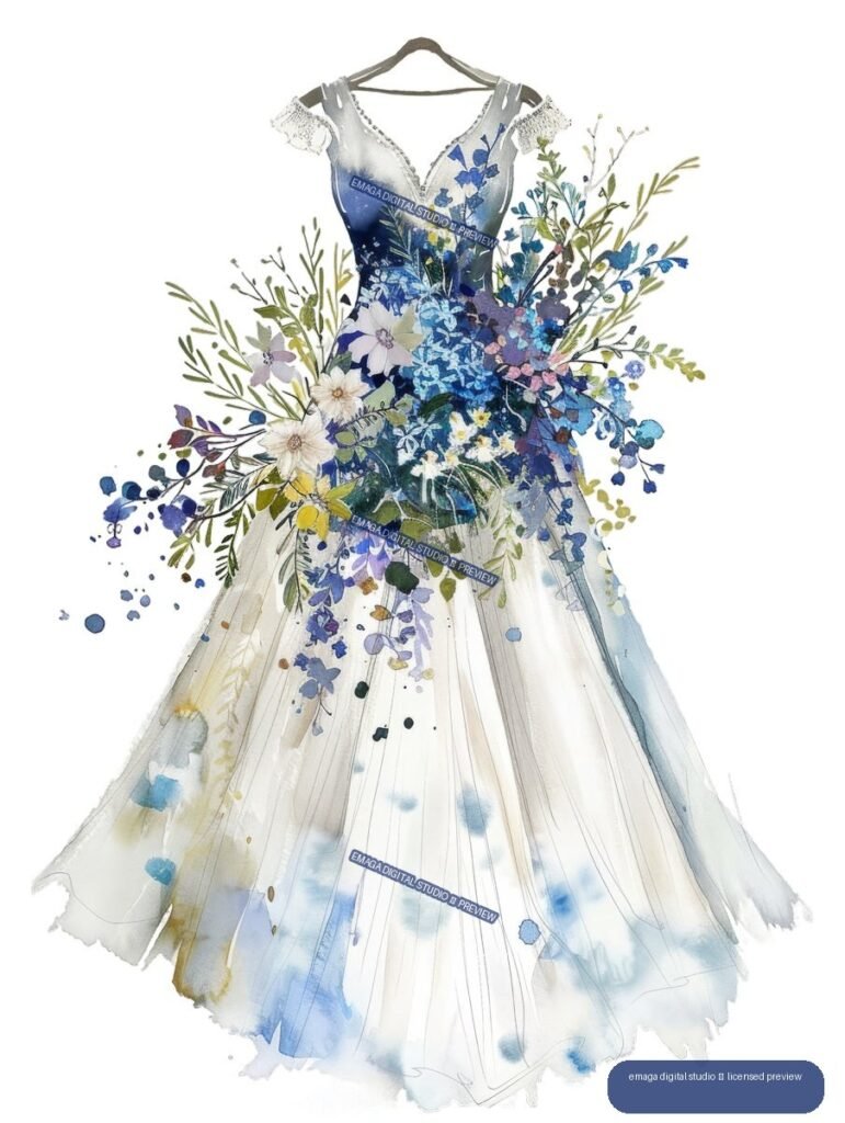 Watercolor illustration of a blue and white bridal gown on a hanger, decorated with an abundant blue, purple, white, and green floral arrangement.