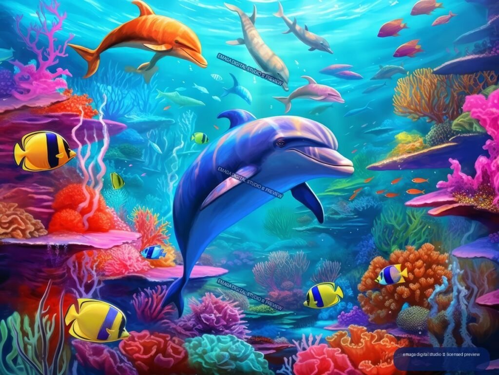 Colorful underwater illustration with a large foreground dolphin, smaller dolphins, tropical fish, and vivid coral reefs.