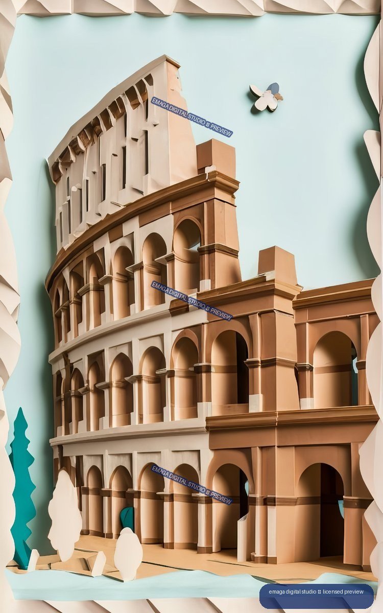 Stylized paper-art interpretation of the Colosseum with layered arches and columns, framed by torn paper edges against a pale blue field.