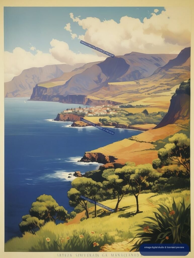 Vintage-style travel poster showing a blue coastal bay, seaside village, rugged mountains, golden hills, clouds, and foreground vegetation.