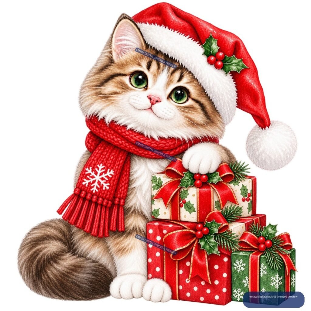 Fluffy brown-and-white cat in a red Santa hat and scarf beside stacked Christmas presents decorated with ribbons, holly, berries, evergreen sprigs, and snowflakes.