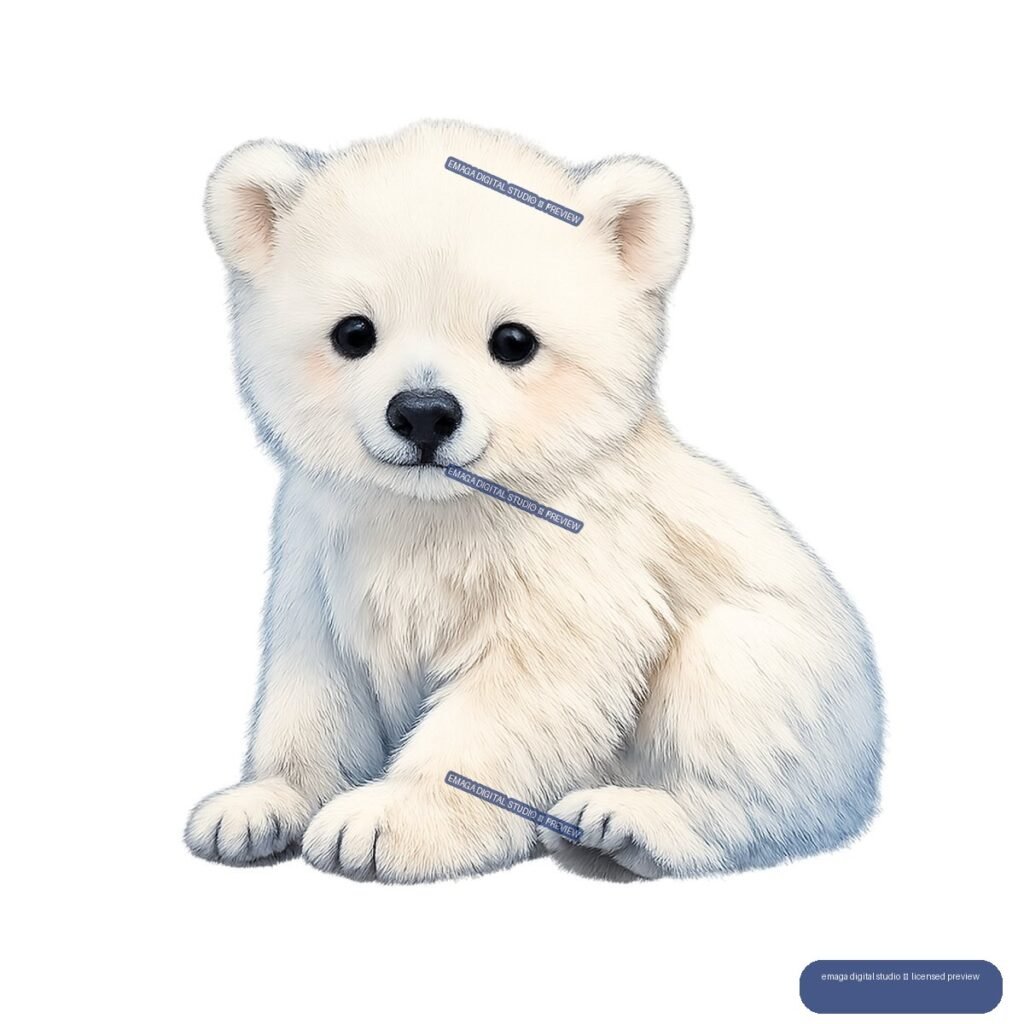 Cute pale polar bear cub sitting and facing forward, with large paws and dark eyes.