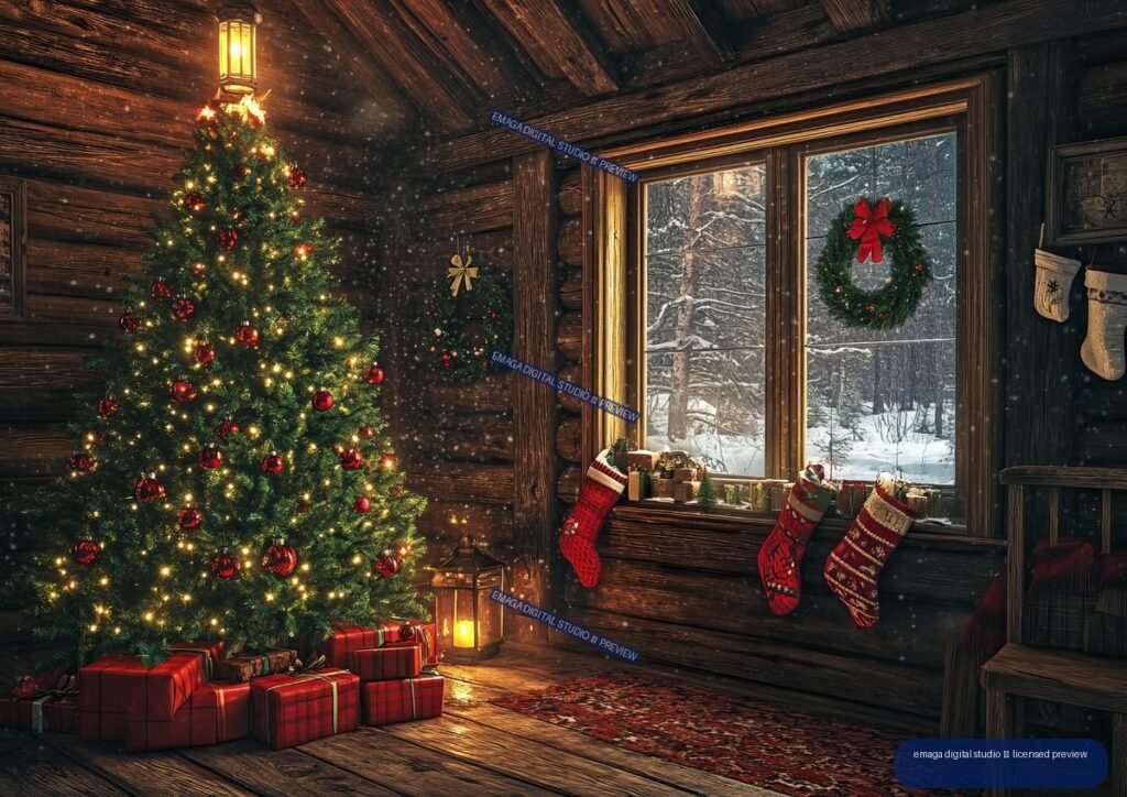 Decorated Christmas tree with lights and presents inside a rustic log cabin, with stockings and a wreath by a snowy window.