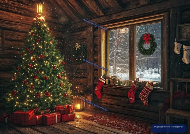 Christmas Tree in a Rustic Wooden Cabin - No. 001378
