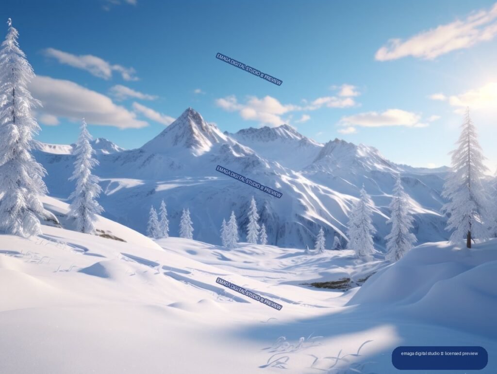 Snow-covered mountain peaks and frosted evergreen trees under a blue sky, with snowy tracks in the foreground.