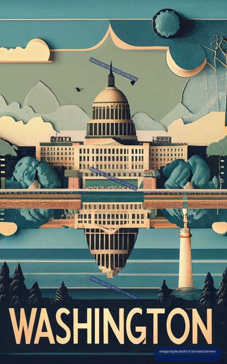 Vintage-style poster showing a domed Washington building with its reflection, trees, clouds, and large WASHINGTON lettering.