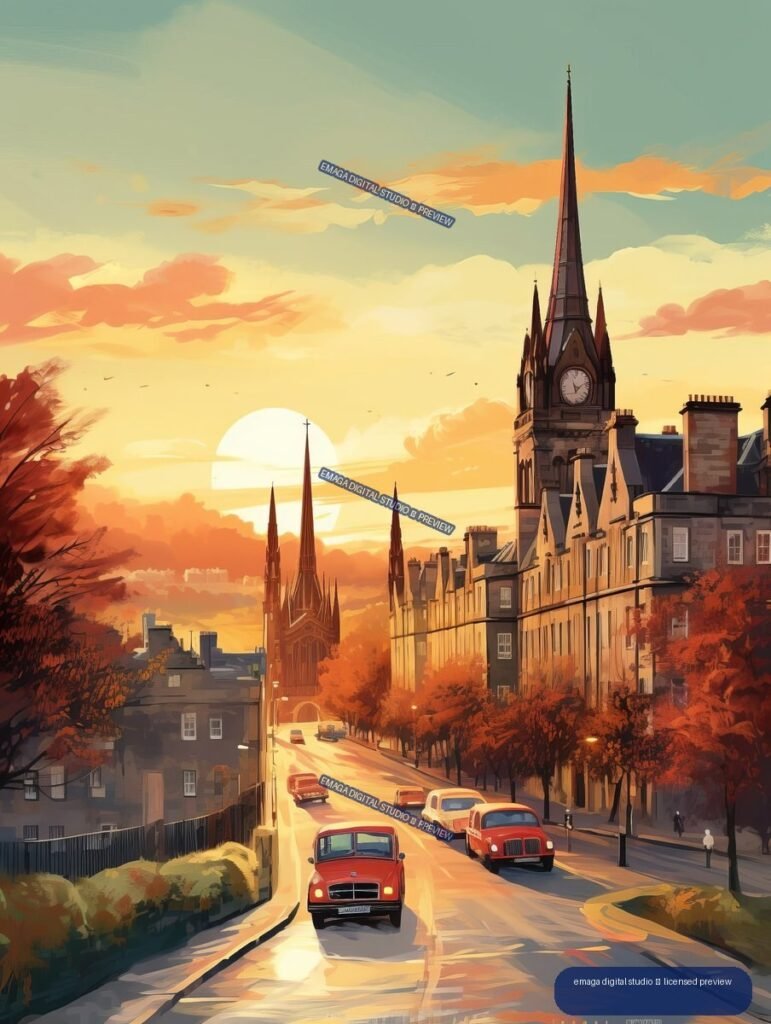 Stylized Edinburgh street descending toward historic church spires and a clock tower beneath a warm sunset sky.