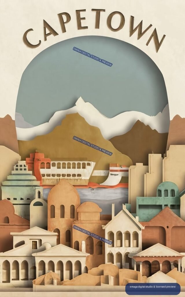 Layered paper-art illustration of Cape Town architecture, a passenger ship, mountains, and the word CAPETOWN.