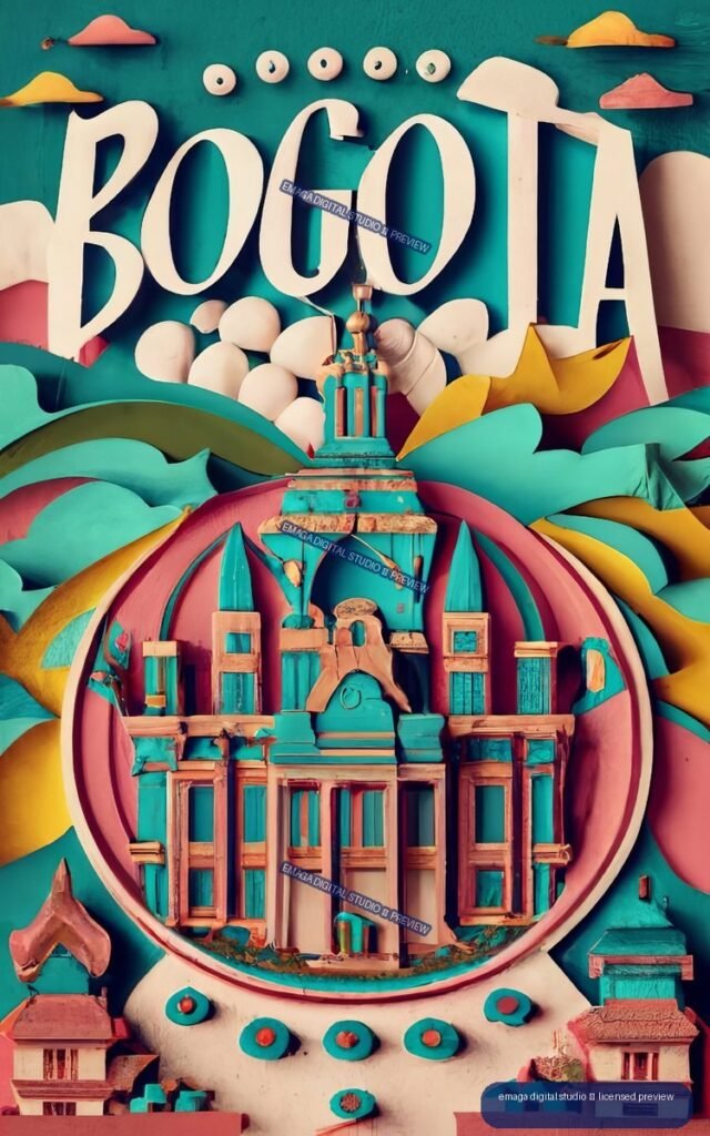 Colorful stylized poster reading BOGOTA above a detailed architectural façade surrounded by abstract hills and buildings.