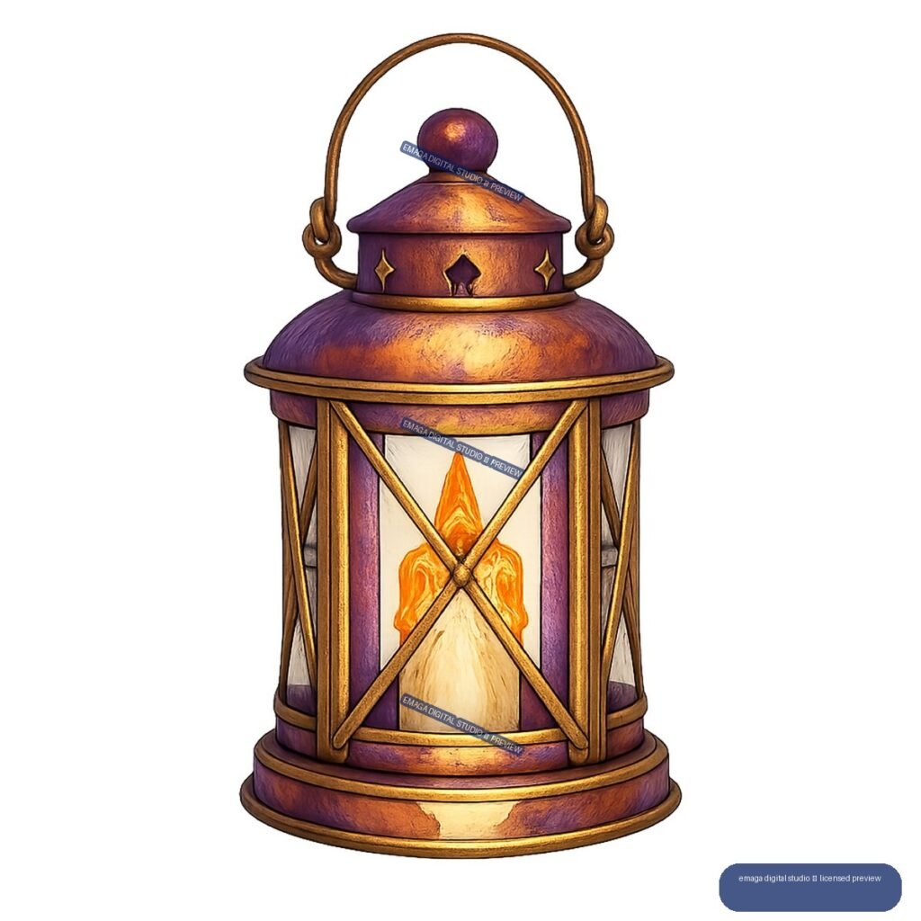 Purple and gold decorative lantern with a curved handle, geometric braces, and a glowing orange candle inside.