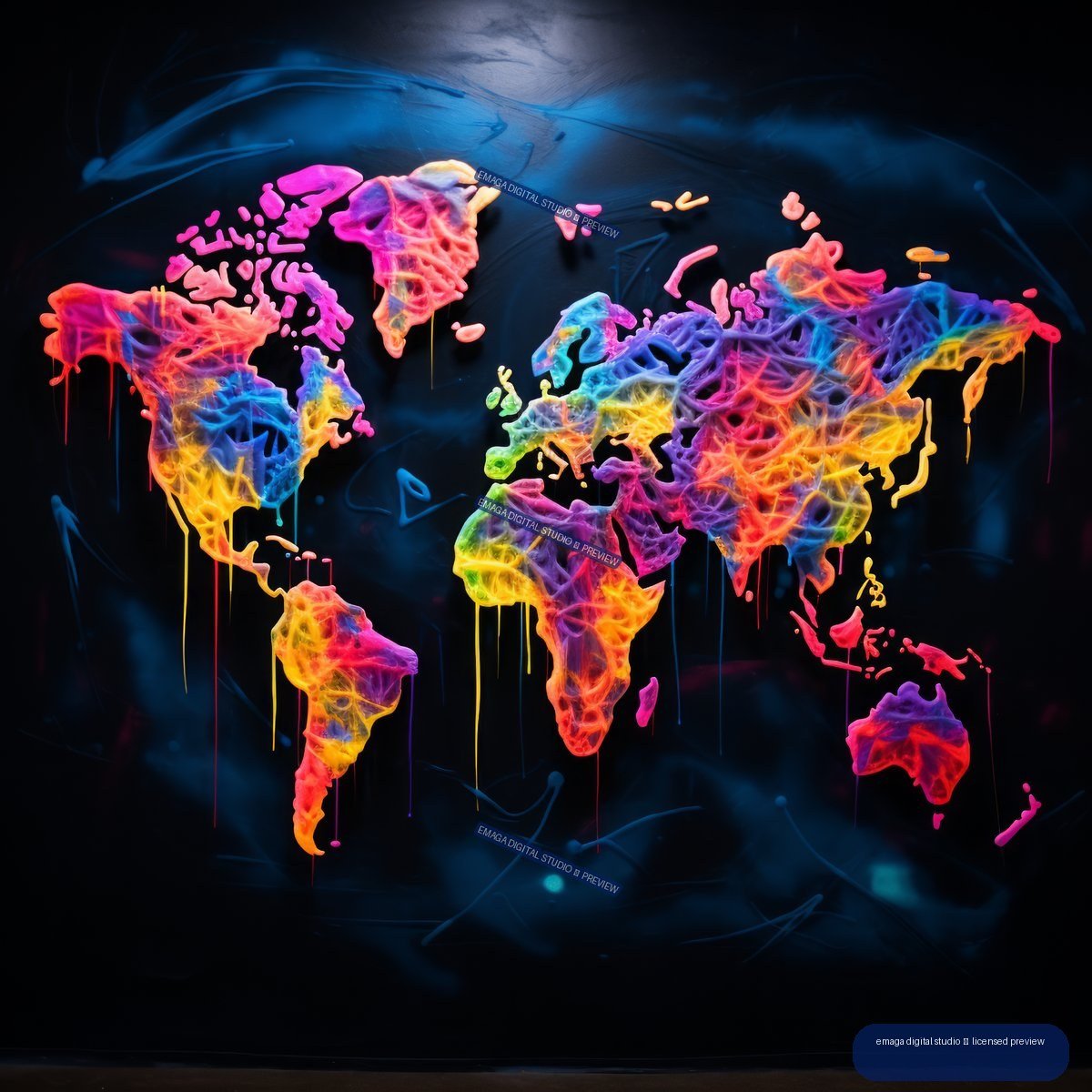 Colorful neon graffiti-style world map with dripping continents on a dark background.