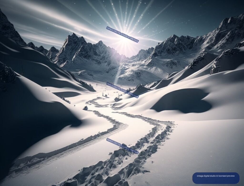 Snow-covered mountain valley with a winding track leading toward jagged peaks beneath bright sun rays.